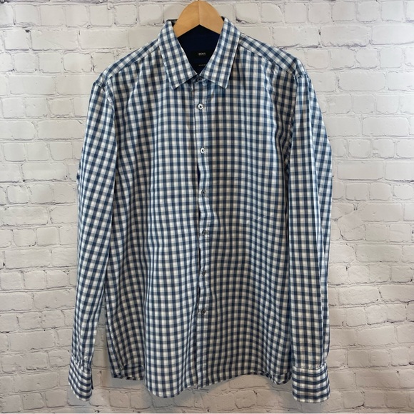 Hugo Boss Mens Long Sleeve Dress Shirt, Regular Fit, Blue and White Plaid - Picture 4 of 10